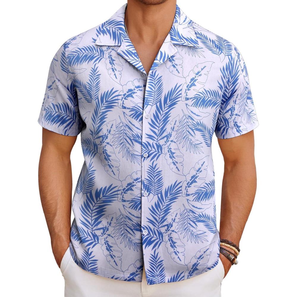 imageCOOFANDY Mens Hawaiian Shirt Short Sleeve Button Down Shirts Tropical Floral Summer Beach ShirtsBlue Tropical Leafwhite