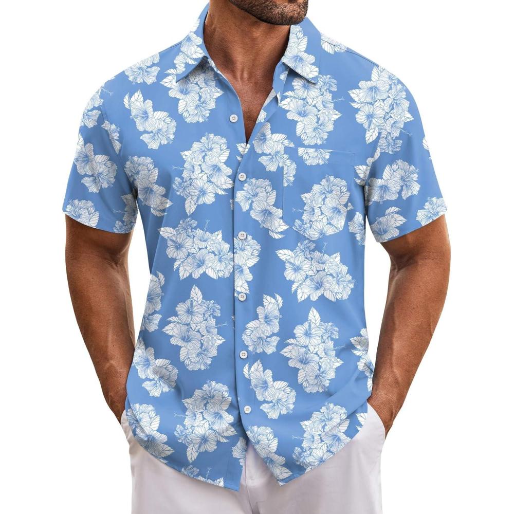 imageCOOFANDY Mens Hawaiian Shirt Short Sleeve Button Down Shirts Tropical Floral Summer Beach ShirtsBluewhite Flowers