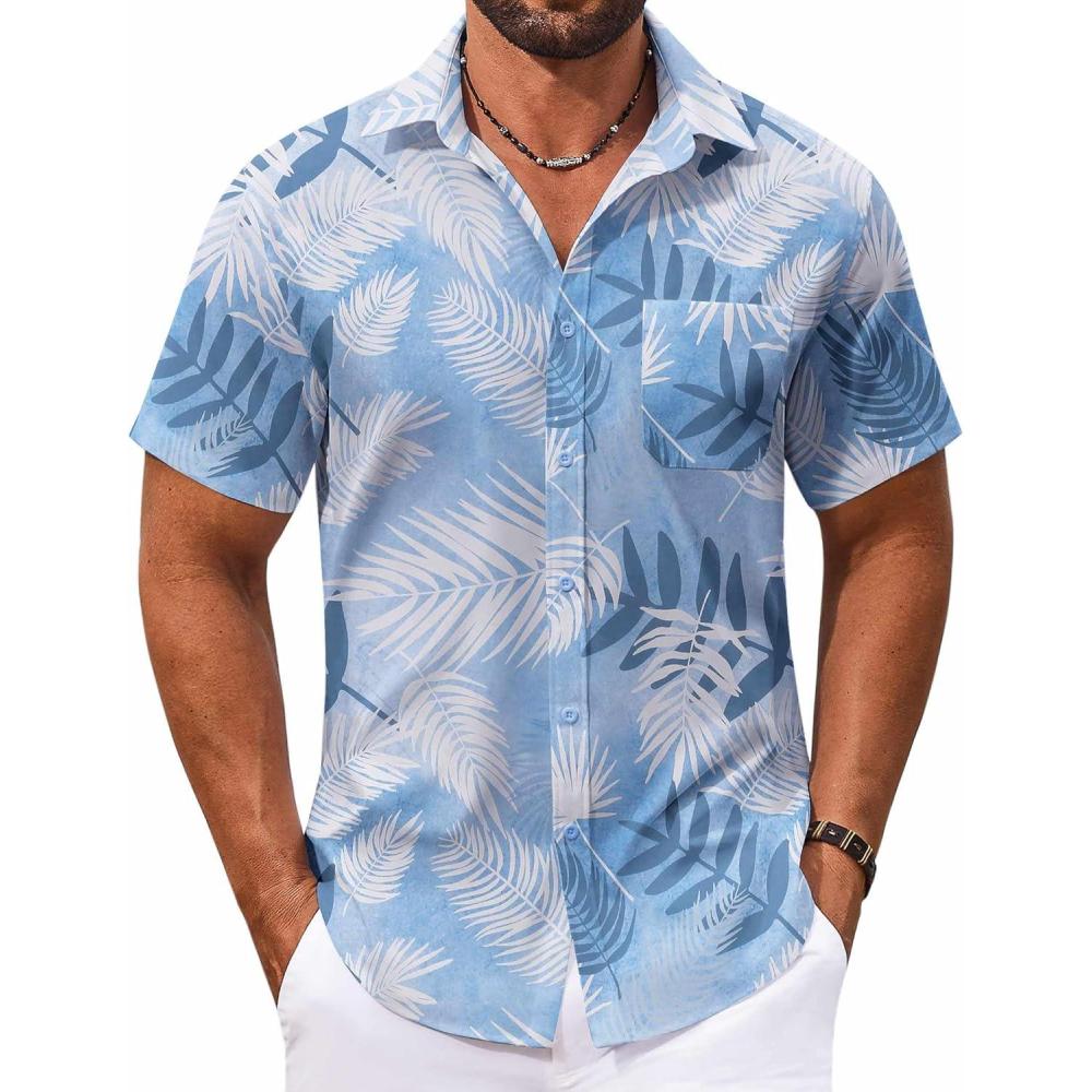 imageCOOFANDY Mens Hawaiian Shirt Short Sleeve Button Down Shirts Tropical Floral Summer Beach ShirtsBluewhite Leaves