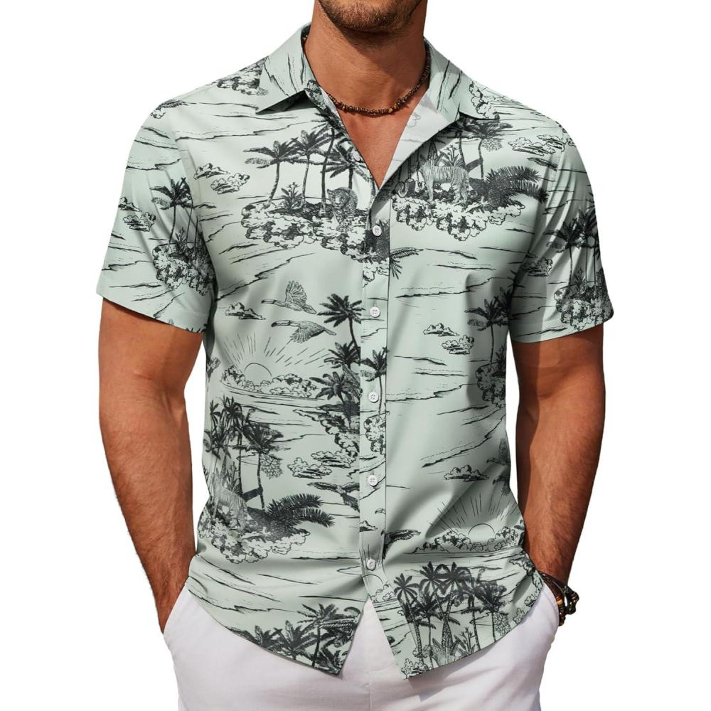 imageCOOFANDY Mens Hawaiian Shirt Short Sleeve Button Down Shirts Tropical Floral Summer Beach ShirtsCeladon Green Palm Tree