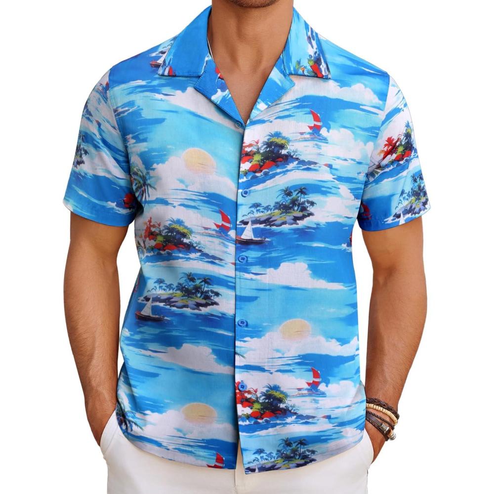 imageCOOFANDY Mens Hawaiian Shirt Short Sleeve Button Down Shirts Tropical Floral Summer Beach ShirtsCoconut Treeblue