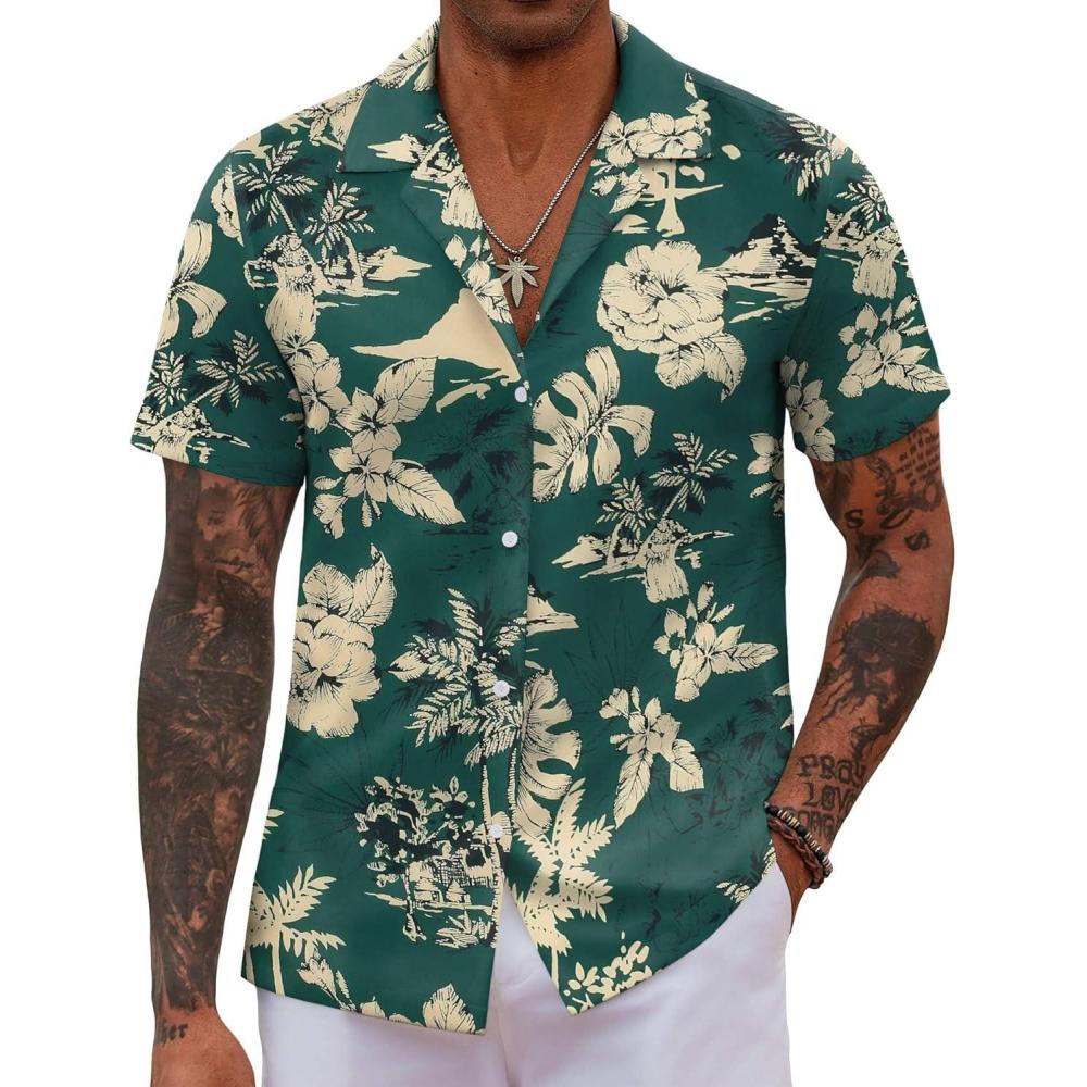 imageCOOFANDY Mens Hawaiian Shirt Short Sleeve Button Down Shirts Tropical Floral Summer Beach ShirtsGreen Palm Tree