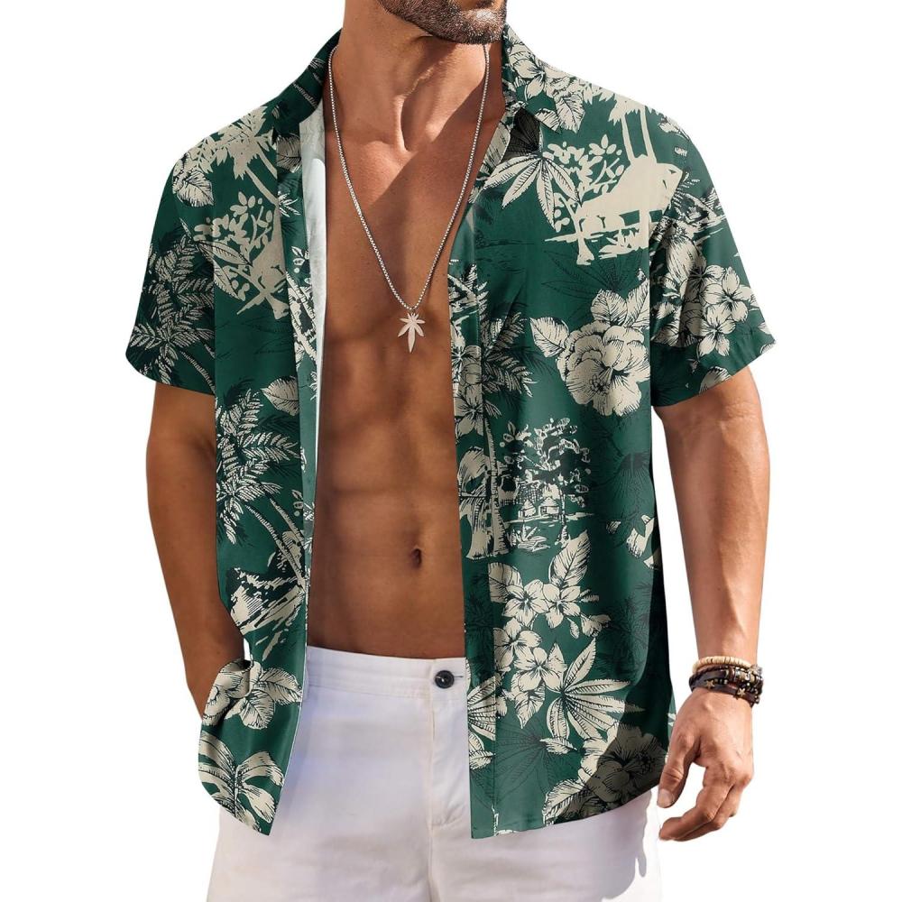 imageCOOFANDY Mens Hawaiian Shirt Short Sleeve Button Down Shirts Tropical Floral Summer Beach ShirtsGreen  White  Palm Tree