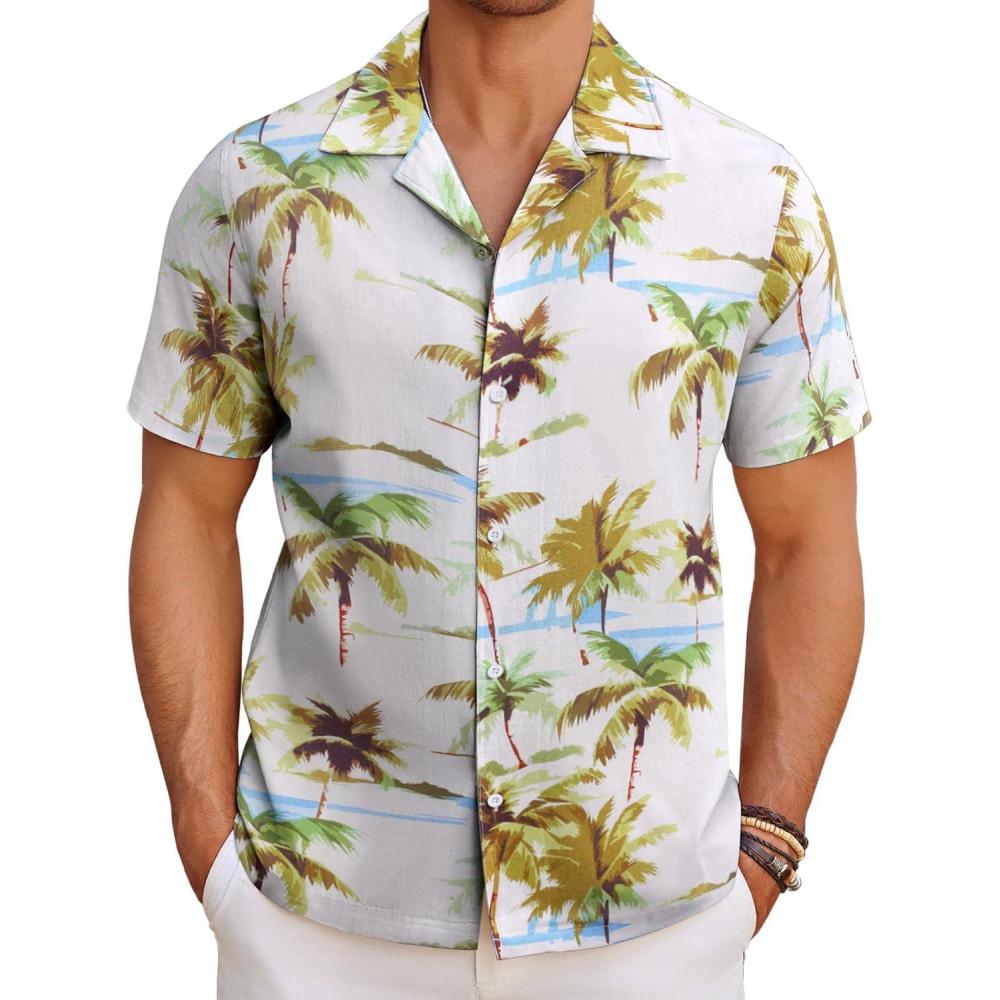 imageCOOFANDY Mens Hawaiian Shirt Short Sleeve Button Down Shirts Tropical Floral Summer Beach ShirtsGreen Coconut Treewhite