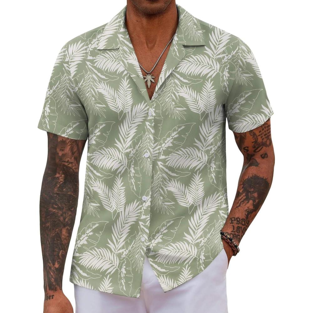 imageCOOFANDY Mens Hawaiian Shirt Short Sleeve Button Down Shirts Tropical Floral Summer Beach ShirtsGreen Palm Leaf