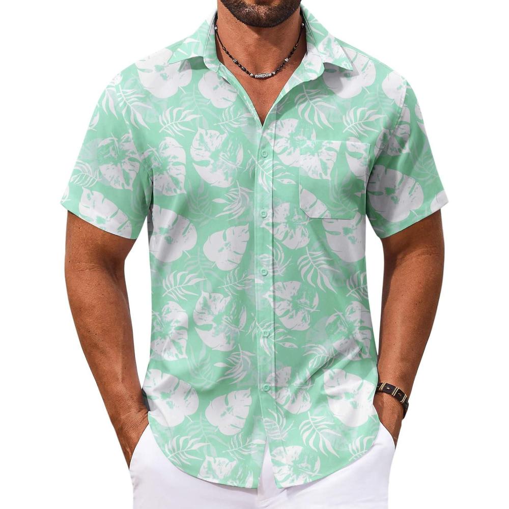 imageCOOFANDY Mens Hawaiian Shirt Short Sleeve Button Down Shirts Tropical Floral Summer Beach ShirtsGreenwhite Leaves