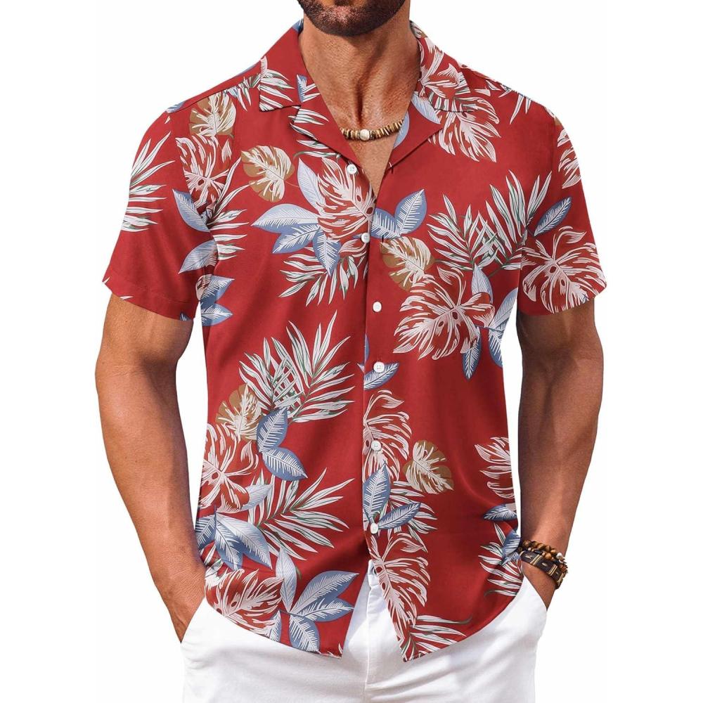 imageCOOFANDY Mens Hawaiian Shirt Short Sleeve Button Down Shirts Tropical Floral Summer Beach ShirtsLeavesred