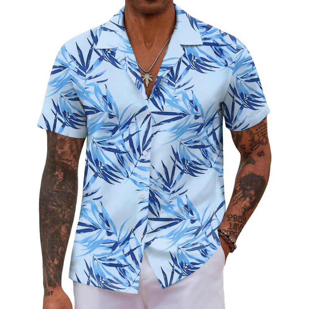 imageCOOFANDY Mens Hawaiian Shirt Short Sleeve Button Down Shirts Tropical Floral Summer Beach ShirtsLight Blue Leaf