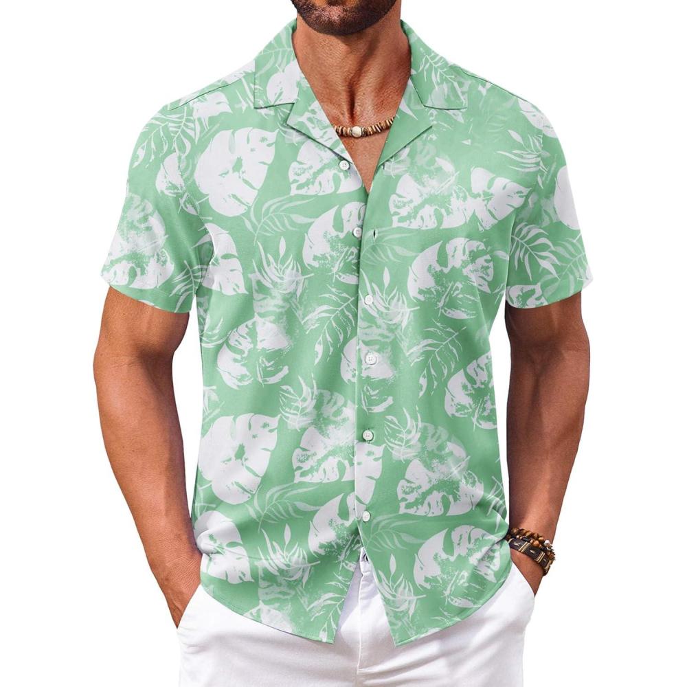 imageCOOFANDY Mens Hawaiian Shirt Short Sleeve Button Down Shirts Tropical Floral Summer Beach ShirtsMonstera Leafgreen