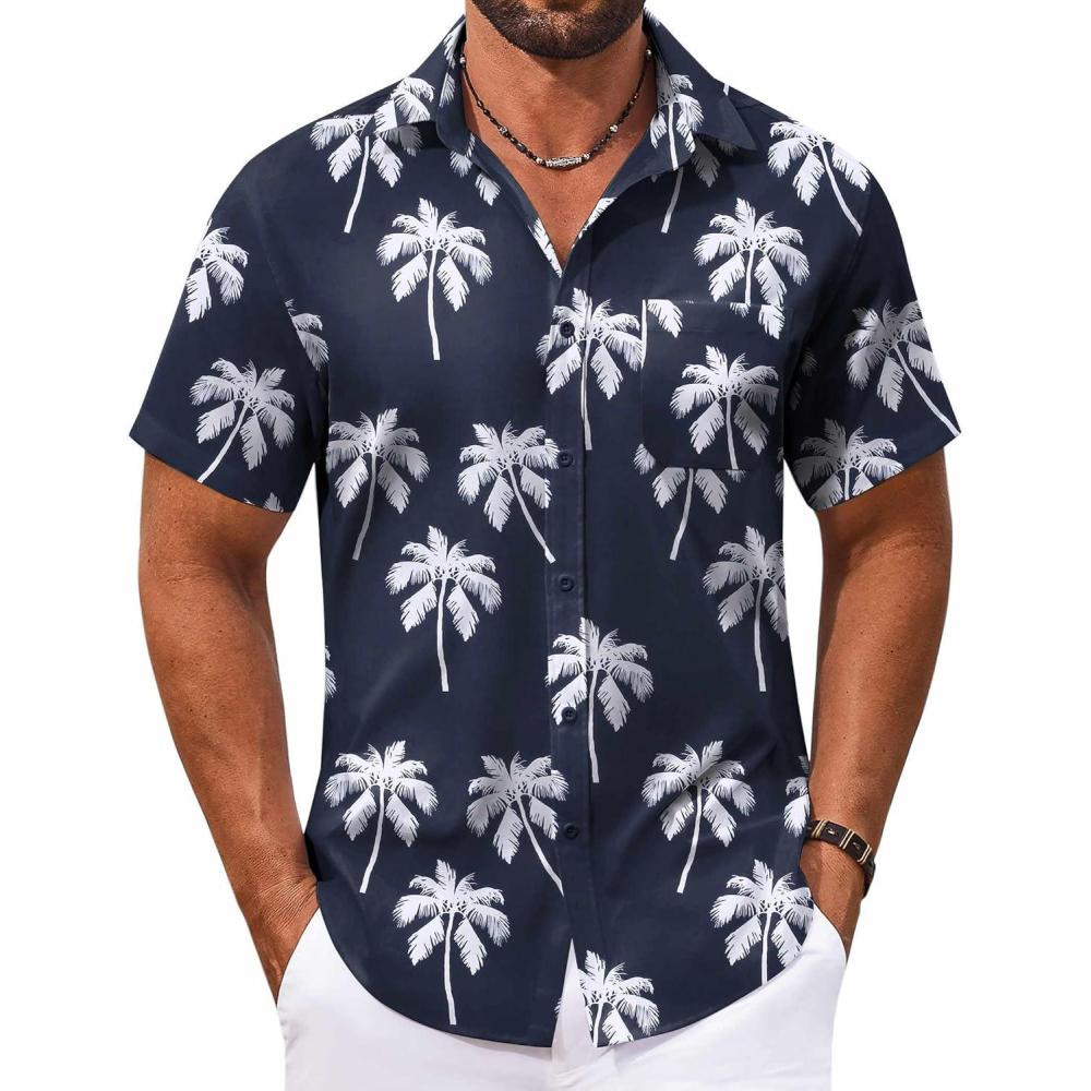 imageCOOFANDY Mens Hawaiian Shirt Short Sleeve Button Down Shirts Tropical Floral Summer Beach ShirtsNavycoconut Tree