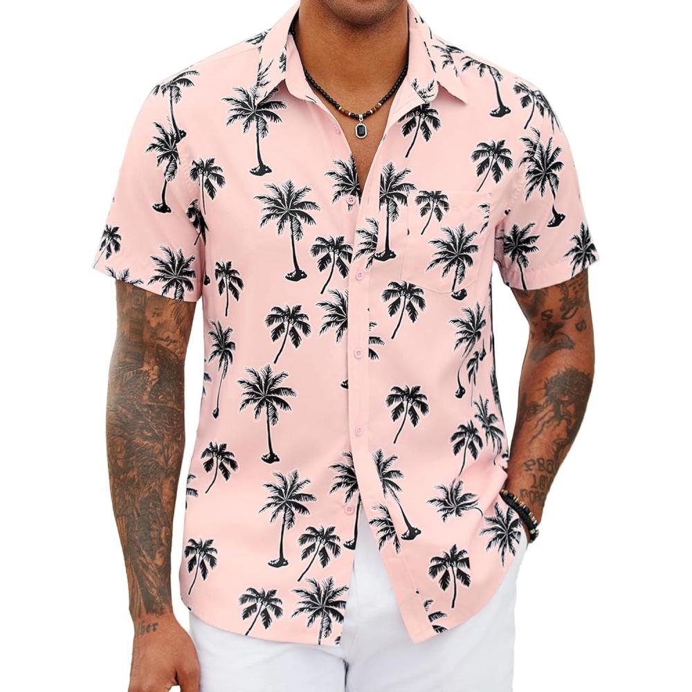 imageCOOFANDY Mens Hawaiian Shirt Short Sleeve Button Down Shirts Tropical Floral Summer Beach ShirtsPink  Palm Tree