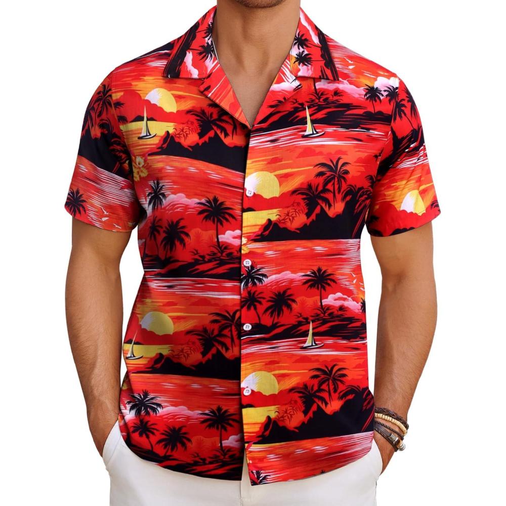 imageCOOFANDY Mens Hawaiian Shirt Short Sleeve Button Down Shirts Tropical Floral Summer Beach ShirtsSunset Palm Treered