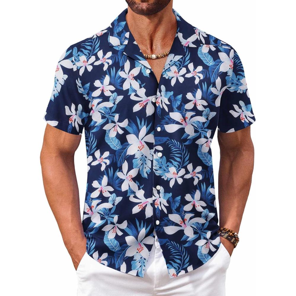 imageCOOFANDY Mens Hawaiian Shirt Short Sleeve Button Down Shirts Tropical Floral Summer Beach ShirtsWhite Floralnavy