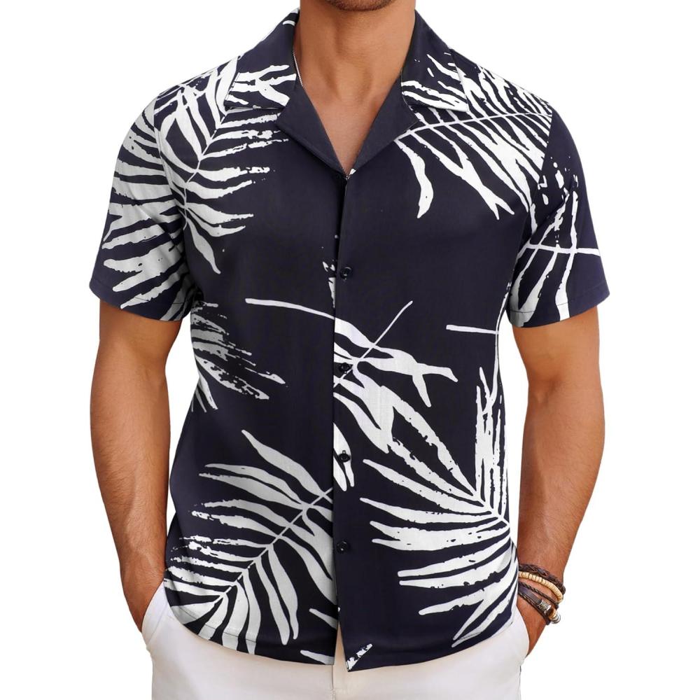 imageCOOFANDY Mens Hawaiian Shirt Short Sleeve Button Down Shirts Tropical Floral Summer Beach ShirtsWhite Leavesblack Print