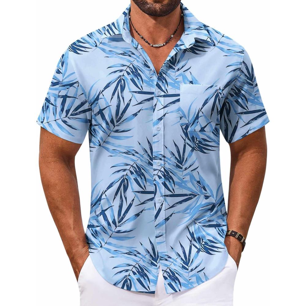 imageCOOFANDY Mens Hawaiian Shirt Short Sleeve Button Down Shirts Tropical Floral Summer Beach ShirtsWhiteblue Leaves