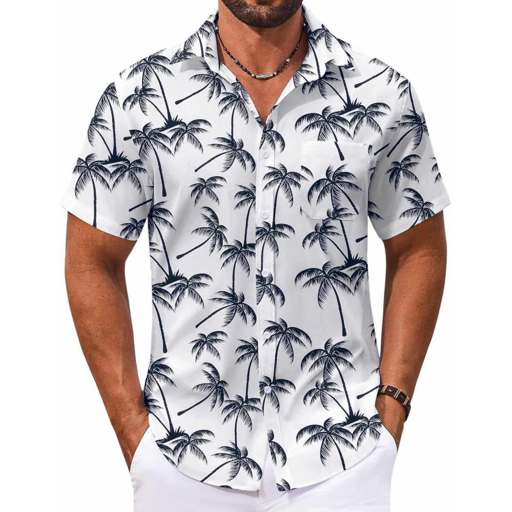 imageCOOFANDY Mens Hawaiian Shirt Short Sleeve Button Down Shirts Tropical Floral Summer Beach ShirtsWhitecoconut Tree