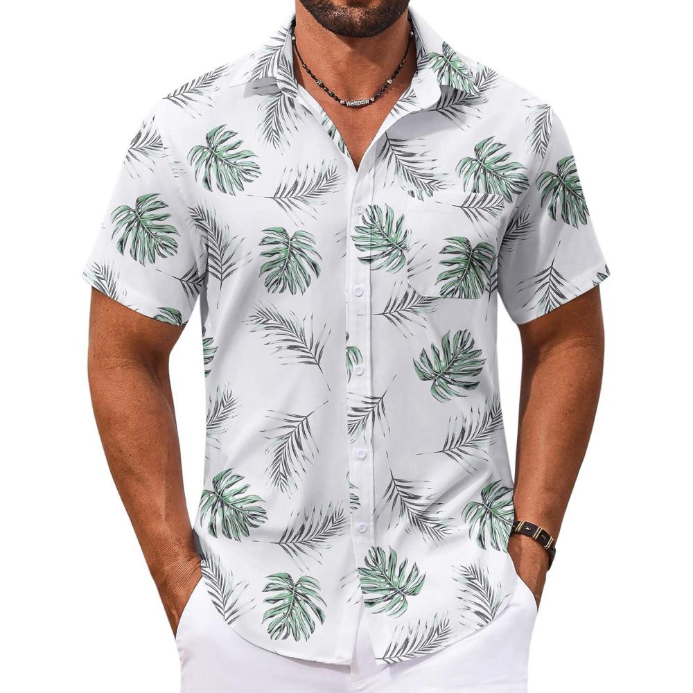 imageCOOFANDY Mens Hawaiian Shirt Short Sleeve Button Down Shirts Tropical Floral Summer Beach ShirtsWhitegreen Leaves
