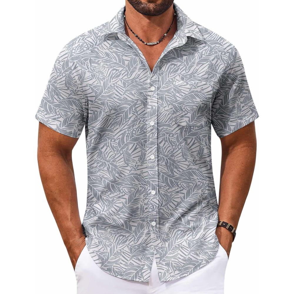 imageCOOFANDY Mens Hawaiian Shirt Short Sleeve Button Down Shirts Tropical Floral Summer Beach ShirtsWhitegrey Leaves