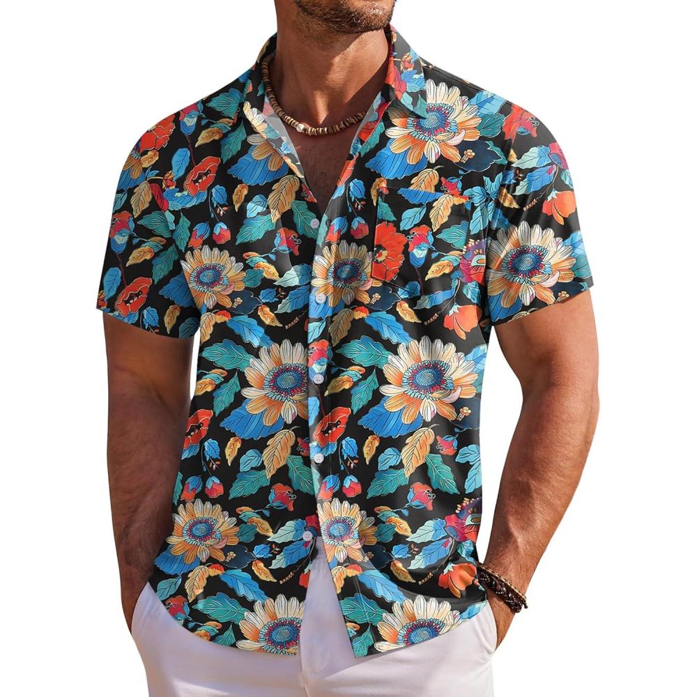 imageCOOFANDY Mens Hawaiian Shirt Short Sleeve Floral Button Down Shirts Tropical Holiday Beach ShirtsBlack  Colorful Flower