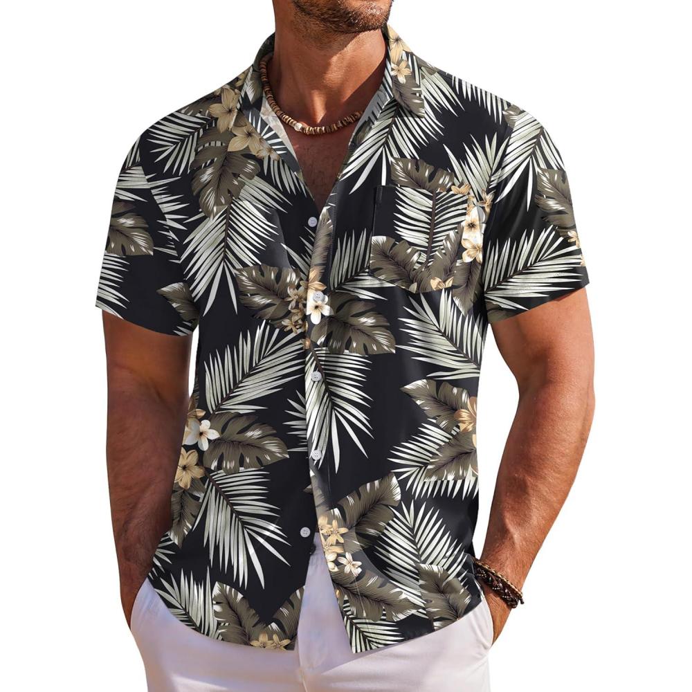 imageCOOFANDY Mens Hawaiian Shirt Short Sleeve Floral Button Down Shirts Tropical Holiday Beach ShirtsBlack  Plam Leaf