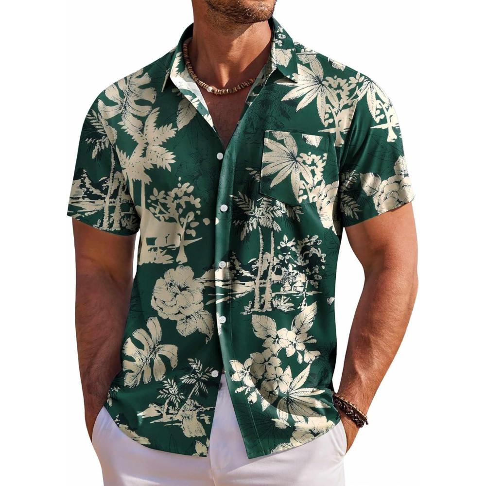 imageCOOFANDY Mens Hawaiian Shirt Short Sleeve Floral Button Down Shirts Tropical Holiday Beach ShirtsGreen  Palm Tree
