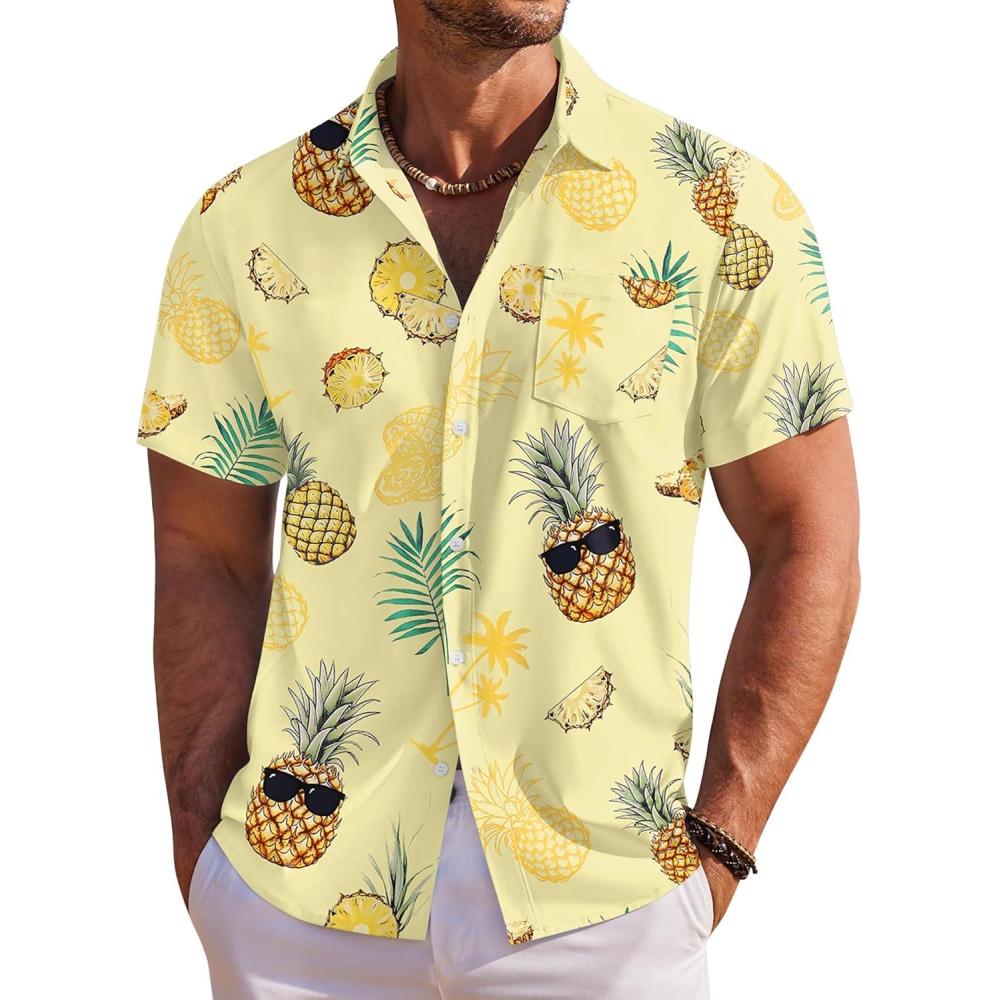 imageCOOFANDY Mens Hawaiian Shirt Short Sleeve Floral Button Down Shirts Tropical Holiday Beach ShirtsLight Yellow  Pineapple
