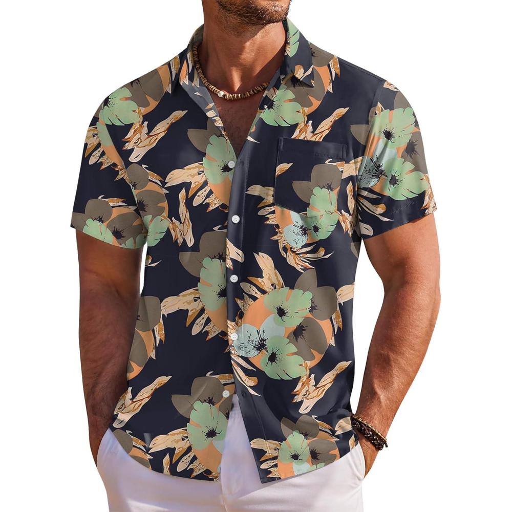 imageCOOFANDY Mens Hawaiian Shirt Short Sleeve Floral Button Down Shirts Tropical Holiday Beach ShirtsNavy  Abstract Print