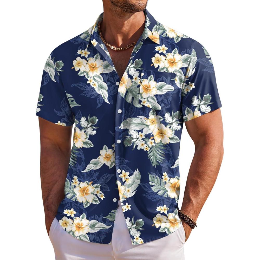 imageCOOFANDY Mens Hawaiian Shirt Short Sleeve Floral Button Down Shirts Tropical Holiday Beach ShirtsNavy  Flower 4