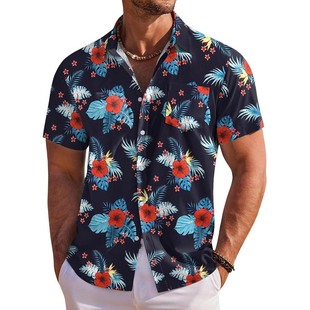 imageCOOFANDY Mens Hawaiian Shirt Short Sleeve Floral Button Down Shirts Tropical Holiday Beach ShirtsNavy  Red  Flower