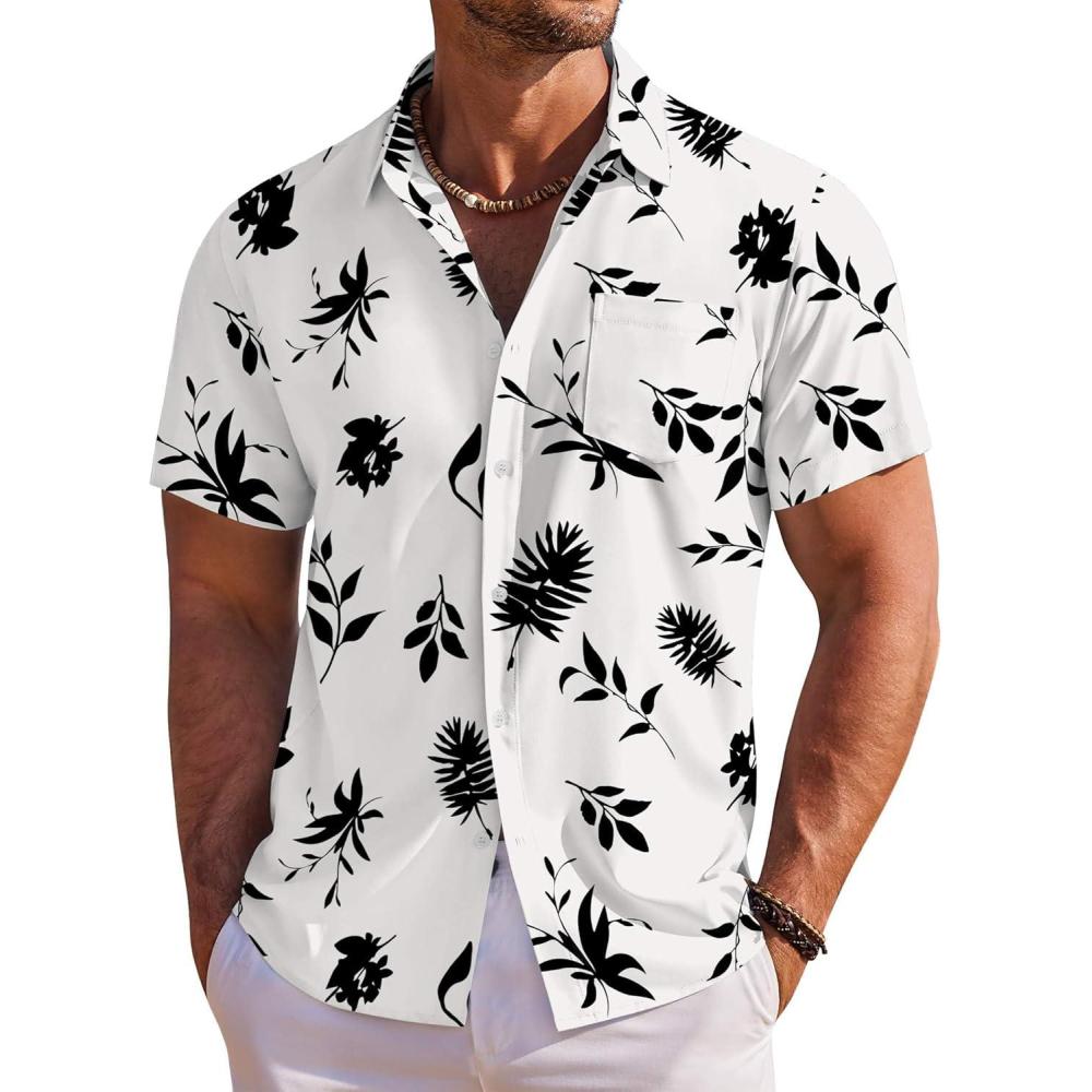 imageCOOFANDY Mens Hawaiian Shirt Short Sleeve Floral Button Down Shirts Tropical Holiday Beach ShirtsOff White  Leaf