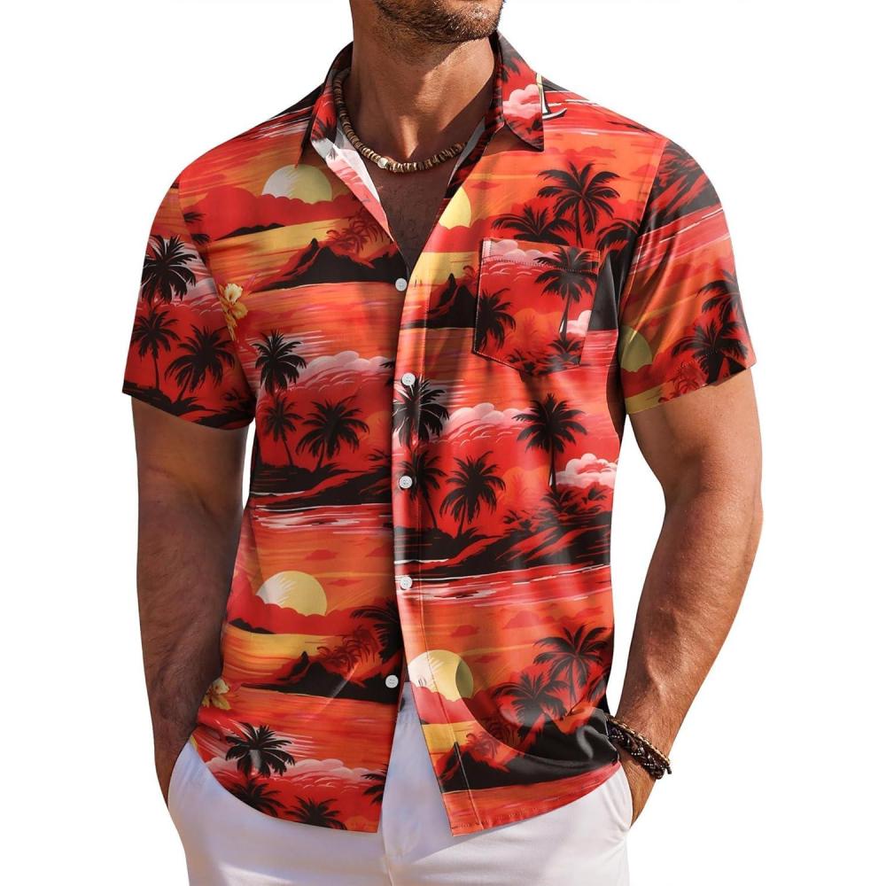imageCOOFANDY Mens Hawaiian Shirt Short Sleeve Floral Button Down Shirts Tropical Holiday Beach ShirtsRed  Sunset  Palm Tree