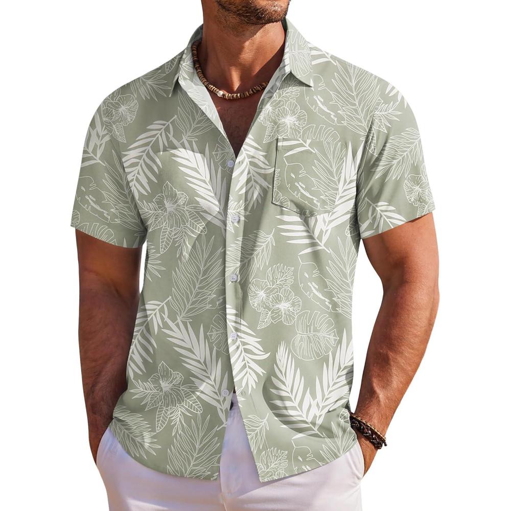 imageCOOFANDY Mens Hawaiian Shirt Short Sleeve Floral Button Down Shirts Tropical Holiday Beach ShirtsSage Green  White  Leaf