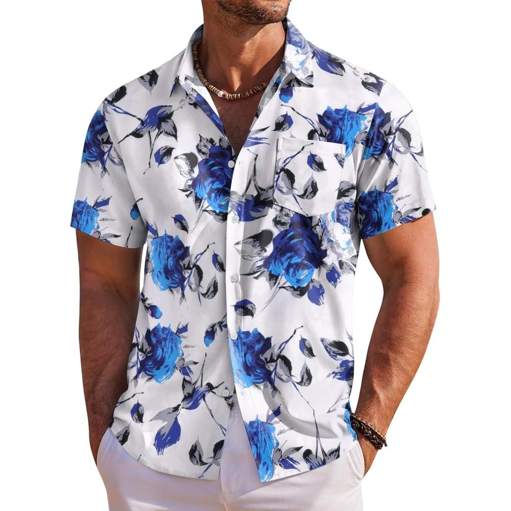 imageCOOFANDY Mens Hawaiian Shirt Short Sleeve Floral Button Down Shirts Tropical Holiday Beach ShirtsWhite  Blue Roses