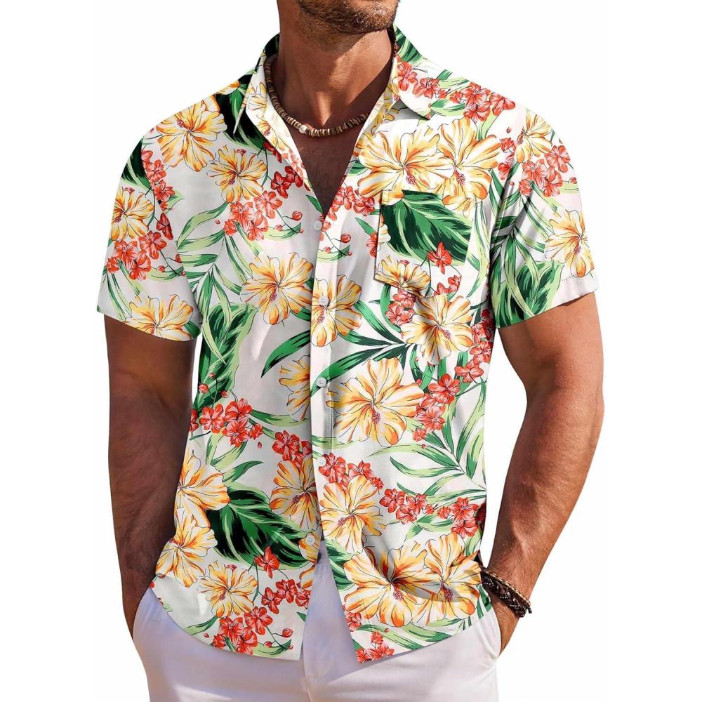 imageCOOFANDY Mens Hawaiian Shirt Short Sleeve Floral Button Down Shirts Tropical Holiday Beach ShirtsWhite  Flower