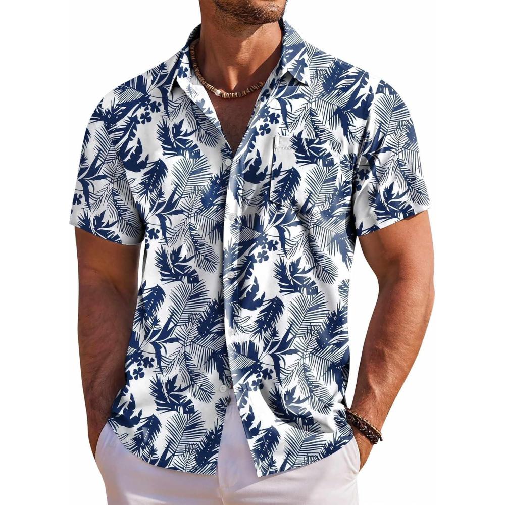 imageCOOFANDY Mens Hawaiian Shirt Short Sleeve Floral Button Down Shirts Tropical Holiday Beach ShirtsWhite Palm Leaf