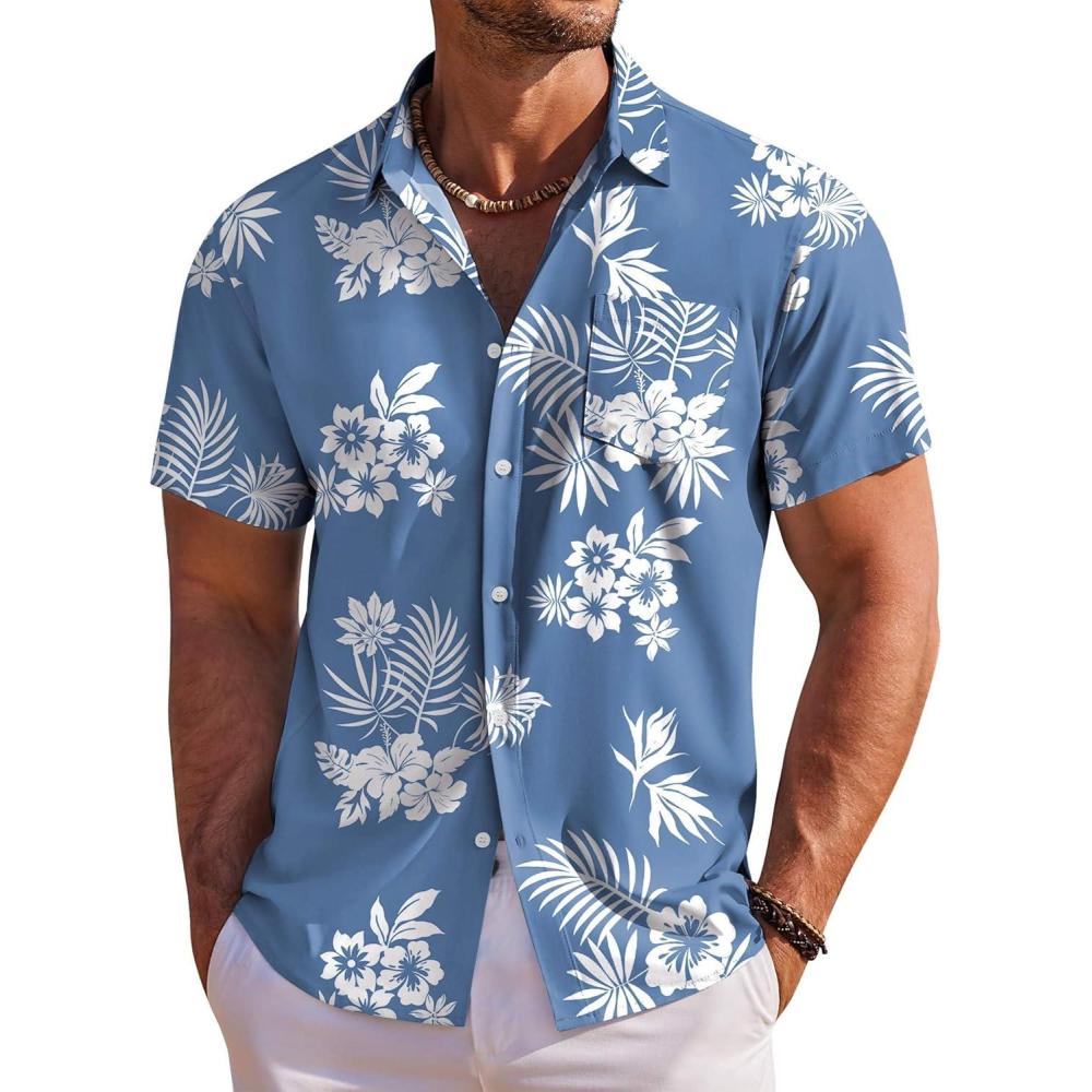 imageCOOFANDY Mens Hawaiian Shirt Short Sleeve Floral Button Down Shirts Tropical Holiday Beach ShirtsWhite Flower Blue