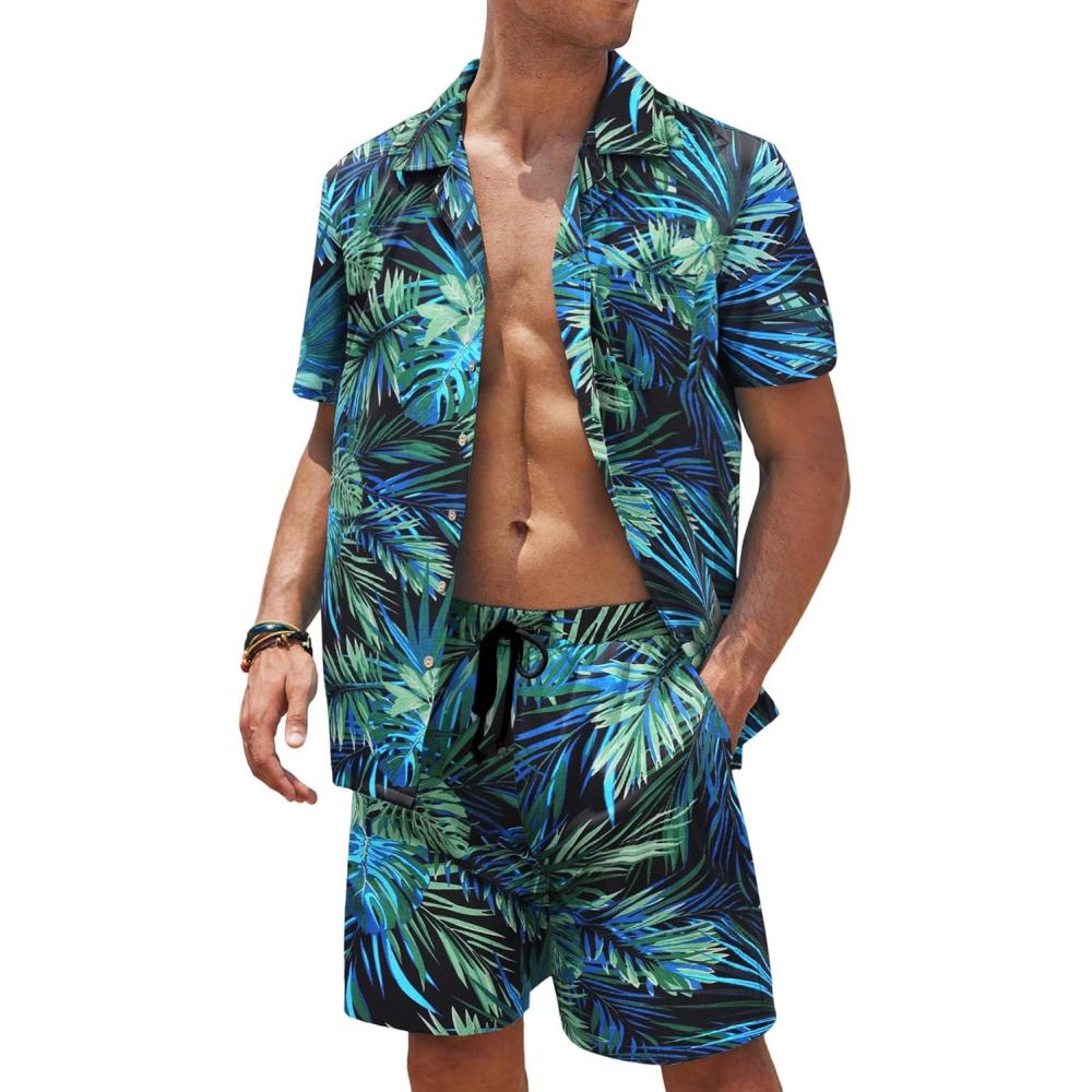 imageCOOFANDY Mens Hawaiian Shirt and Shorts Set 2 Piece Vacation Outfits Floral Button Down ShirtBluegreen