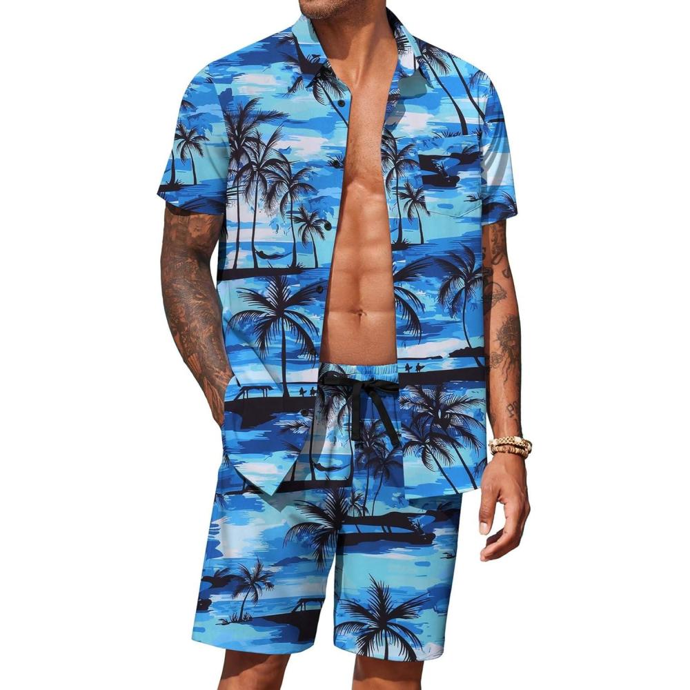 imageCOOFANDY Mens Hawaiian Shirt and Shorts Set 2 Piece Vacation Outfits Floral Button Down ShirtIsland Blue