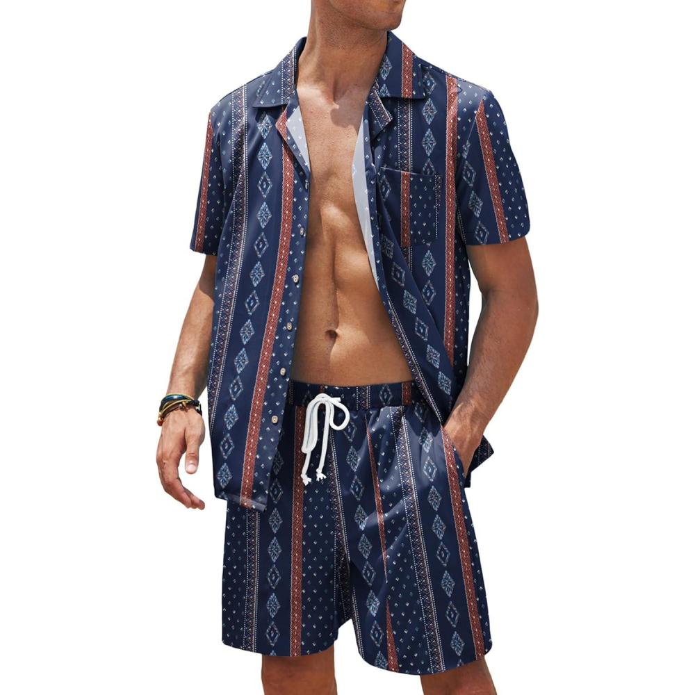 imageCOOFANDY Mens Hawaiian Shirt and Shorts Set 2 Piece Vacation Outfits Floral Button Down ShirtNavy