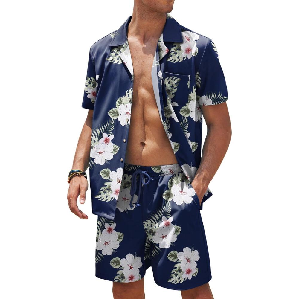 imageCOOFANDY Mens Hawaiian Shirt and Shorts Set 2 Piece Vacation Outfits Floral Button Down ShirtNavy Blue