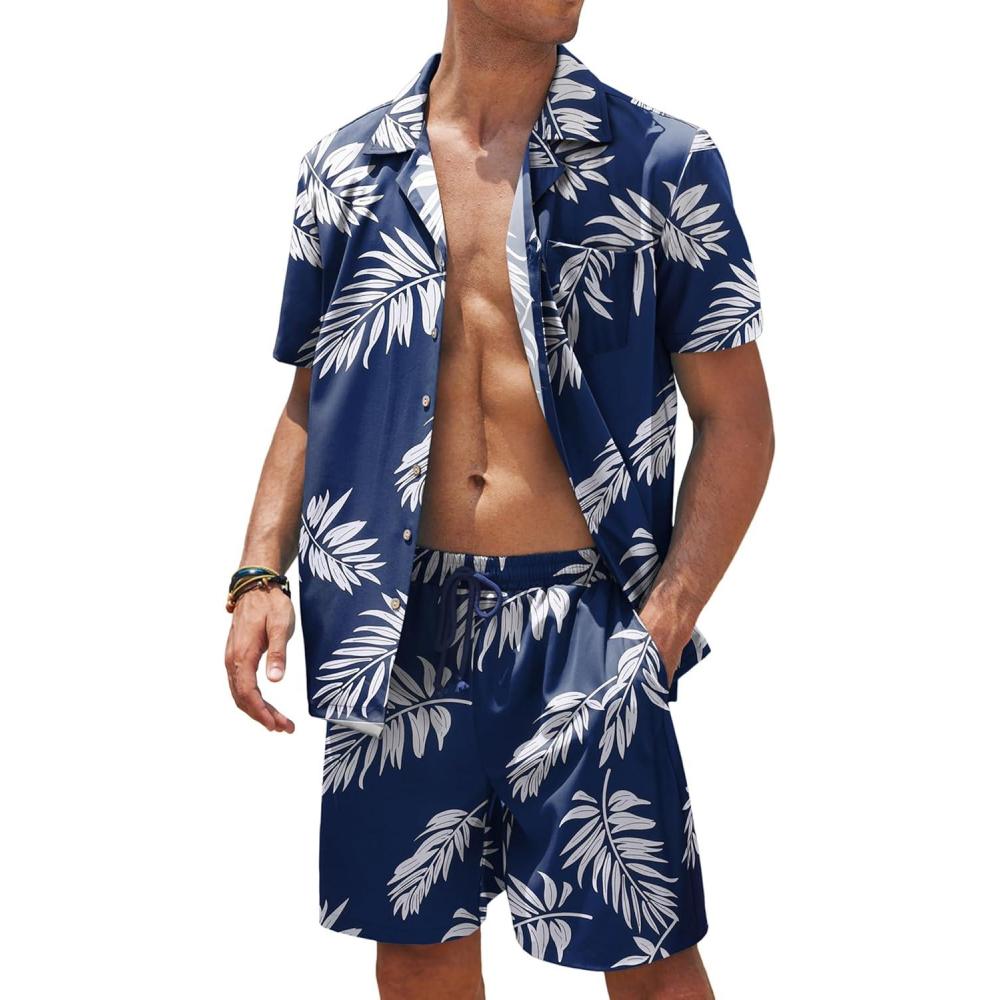 imageCOOFANDY Mens Hawaiian Shirt and Shorts Set 2 Piece Vacation Outfits Floral Button Down ShirtPalm Leaf