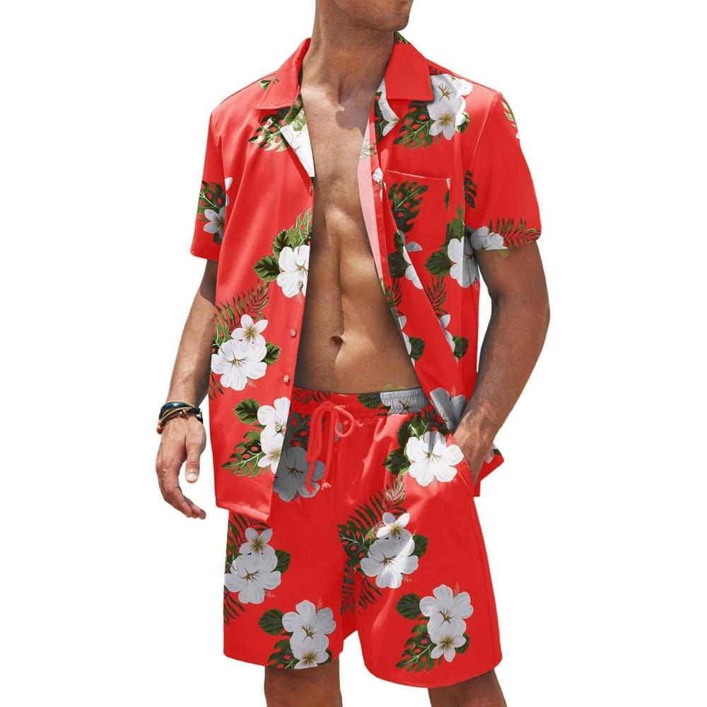imageCOOFANDY Mens Hawaiian Shirt and Shorts Set 2 Piece Vacation Outfits Floral Button Down ShirtRed Flower