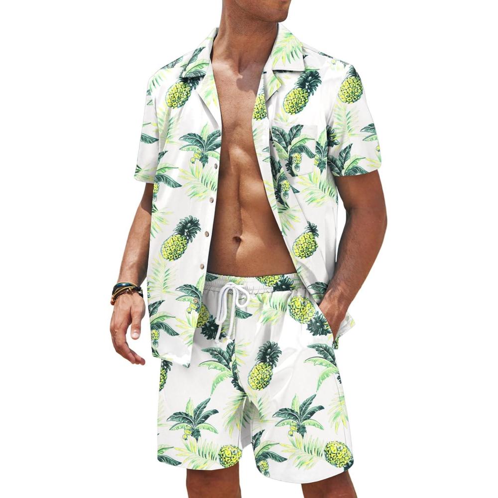 imageCOOFANDY Mens Hawaiian Shirt and Shorts Set 2 Piece Vacation Outfits Floral Button Down ShirtWhitegreen