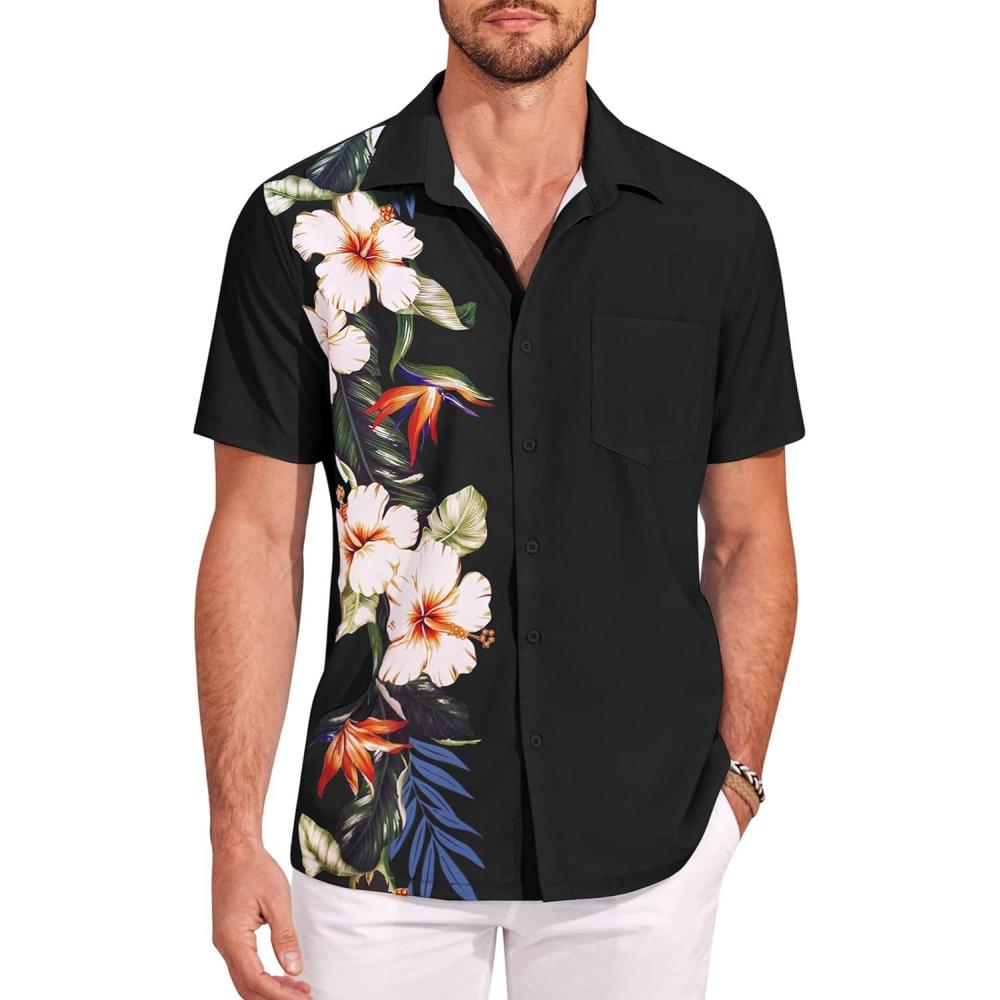 imageCOOFANDY Mens Hawaiian Tropical Shirts Short Sleeve Button Down Summer Beach Shirt with PocketBlack  Floral