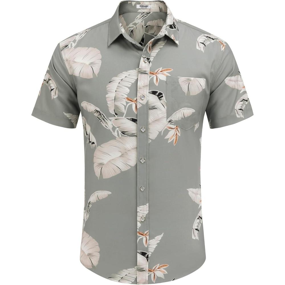 imageCOOFANDY Mens Hawaiian Tropical Shirts Short Sleeve Button Down Summer Beach Shirt with PocketGray Green  White Leaf