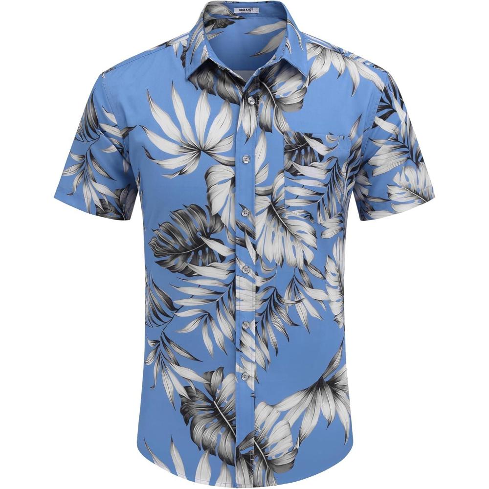imageCOOFANDY Mens Hawaiian Tropical Shirts Short Sleeve Button Down Summer Beach Shirt with PocketSky Blue  White Leaf