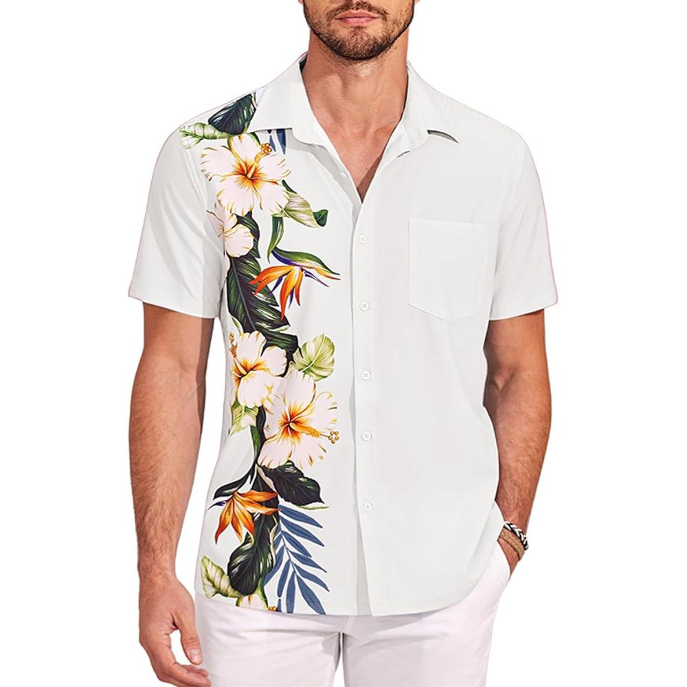 imageCOOFANDY Mens Hawaiian Tropical Shirts Short Sleeve Button Down Summer Beach Shirt with PocketWhite  Floral
