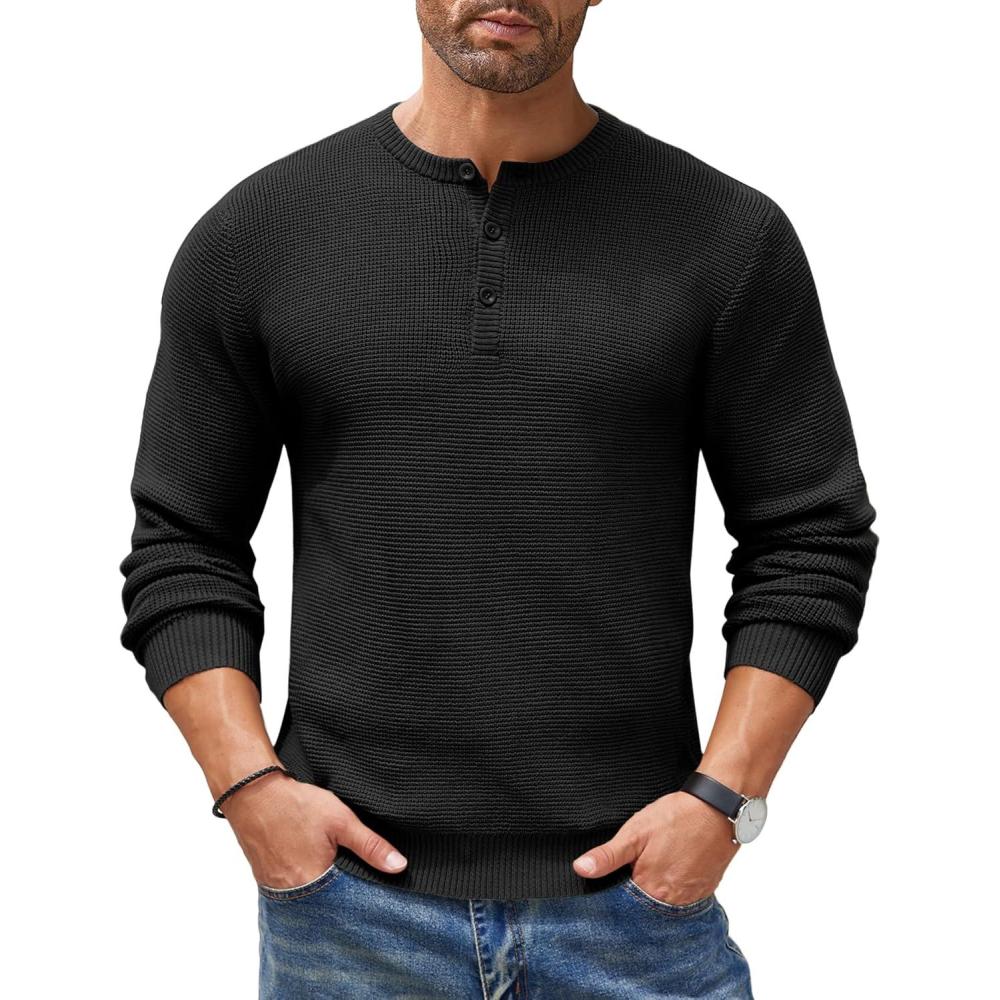imageCOOFANDY Mens Henley Knit Sweater Long Sleeve Button Pullover Sweater Casual Waffle Texture Fashion Henley SweaterBlack