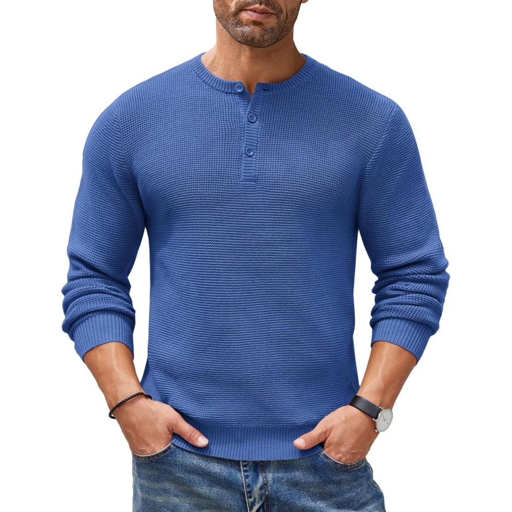 imageCOOFANDY Mens Henley Knit Sweater Long Sleeve Button Pullover Sweater Casual Waffle Texture Fashion Henley SweaterBlue