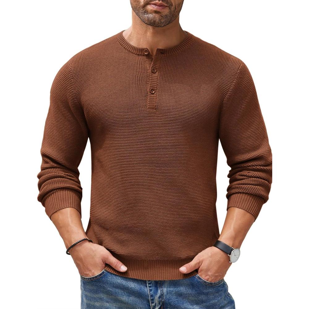 imageCOOFANDY Mens Henley Knit Sweater Long Sleeve Button Pullover Sweater Casual Waffle Texture Fashion Henley SweaterCaramel Beige